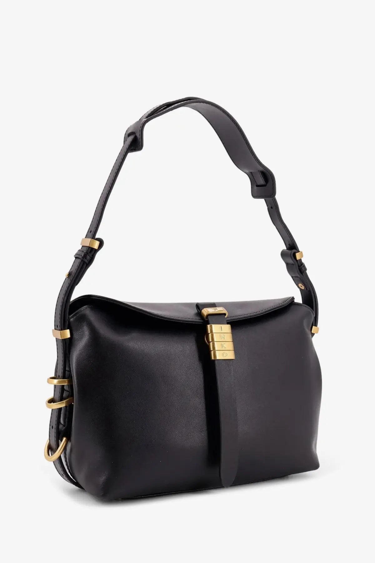 Pinko women’s black leather shoulder bag with gold-tone hardware and distinctive front clasp hobo style