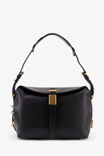 Pinko women’s black leather hobo shoulder bag with gold-tone hardware and a distinctive front clasp