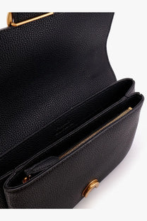 Pinko women’s black leather crossbody bag with pebbled texture gold-tone hardware and zippered interior compartment