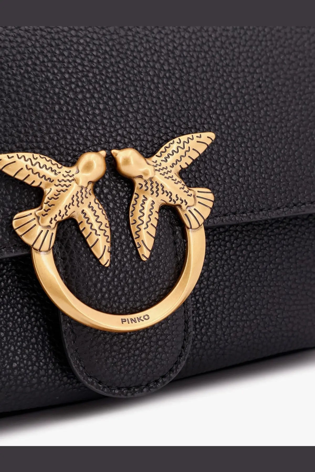 Pinko women’s black leather shoulder bag clutch with gold-tone metal clasp featuring two detailed birds in flight