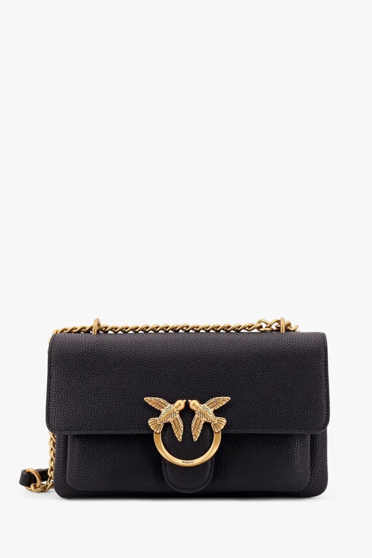 Pinko womens black leather crossbody bag with textured finish gold-tone bird clasp and chain strap