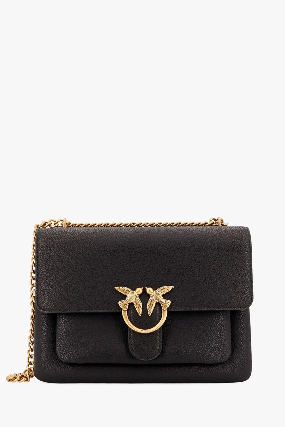 Pinko women’s black leather crossbody bag with textured finish gold-tone bird clasp and chain strap