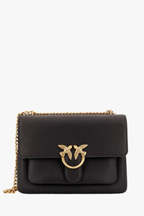 Pinko women’s black leather crossbody bag with textured finish gold-tone bird clasp and chain strap