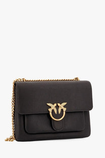 Pinko women’s black leather shoulder bag with textured leather, gold-tone bird clasp, and chain crossbody strap