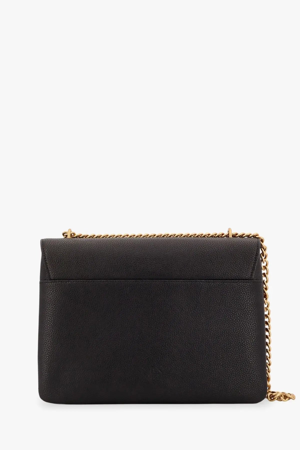 Pinko women’s black leather crossbody bag with textured finish and gold-tone chain shoulder strap