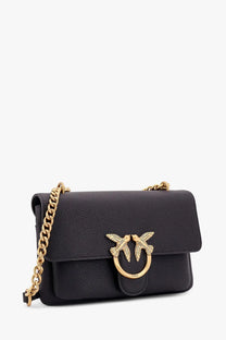Pinko women’s leather shoulder bag black with textured leather, gold-tone bird clasp, and chain strap crossbody bag