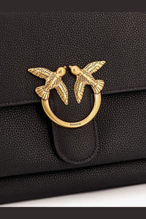 Pinko women’s black leather shoulder bag with textured finish and gold-tone clasp featuring two birds in flight