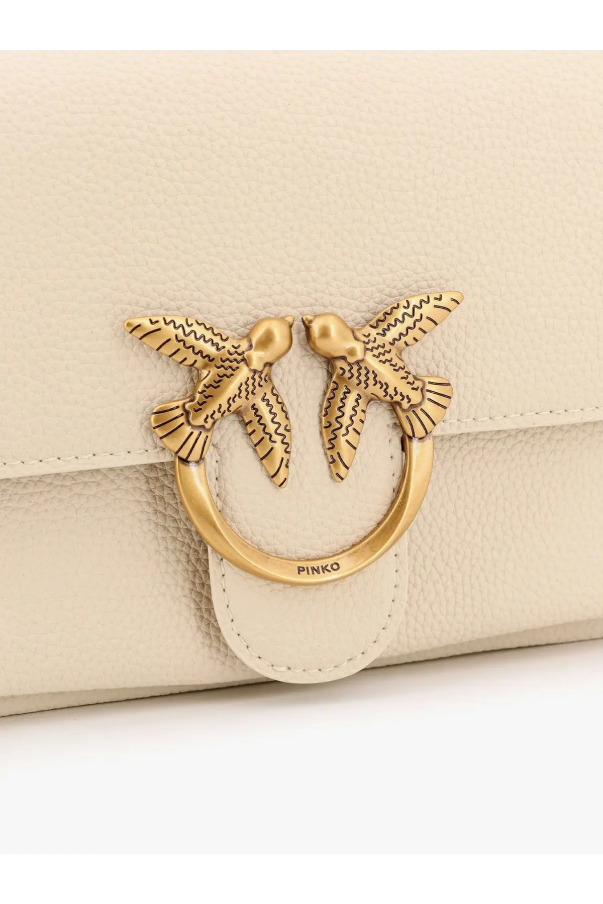 Pinko women’s cream leather clutch with gold-tone clasp featuring two detailed birds on a circular ring