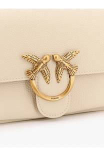Pinko women’s cream leather clutch with gold-tone clasp featuring two detailed birds on a circular ring