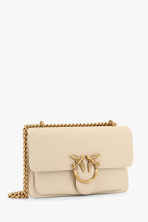 Pinko women’s cream leather crossbody bag with gold chain strap and bird-shaped metal clasp in white