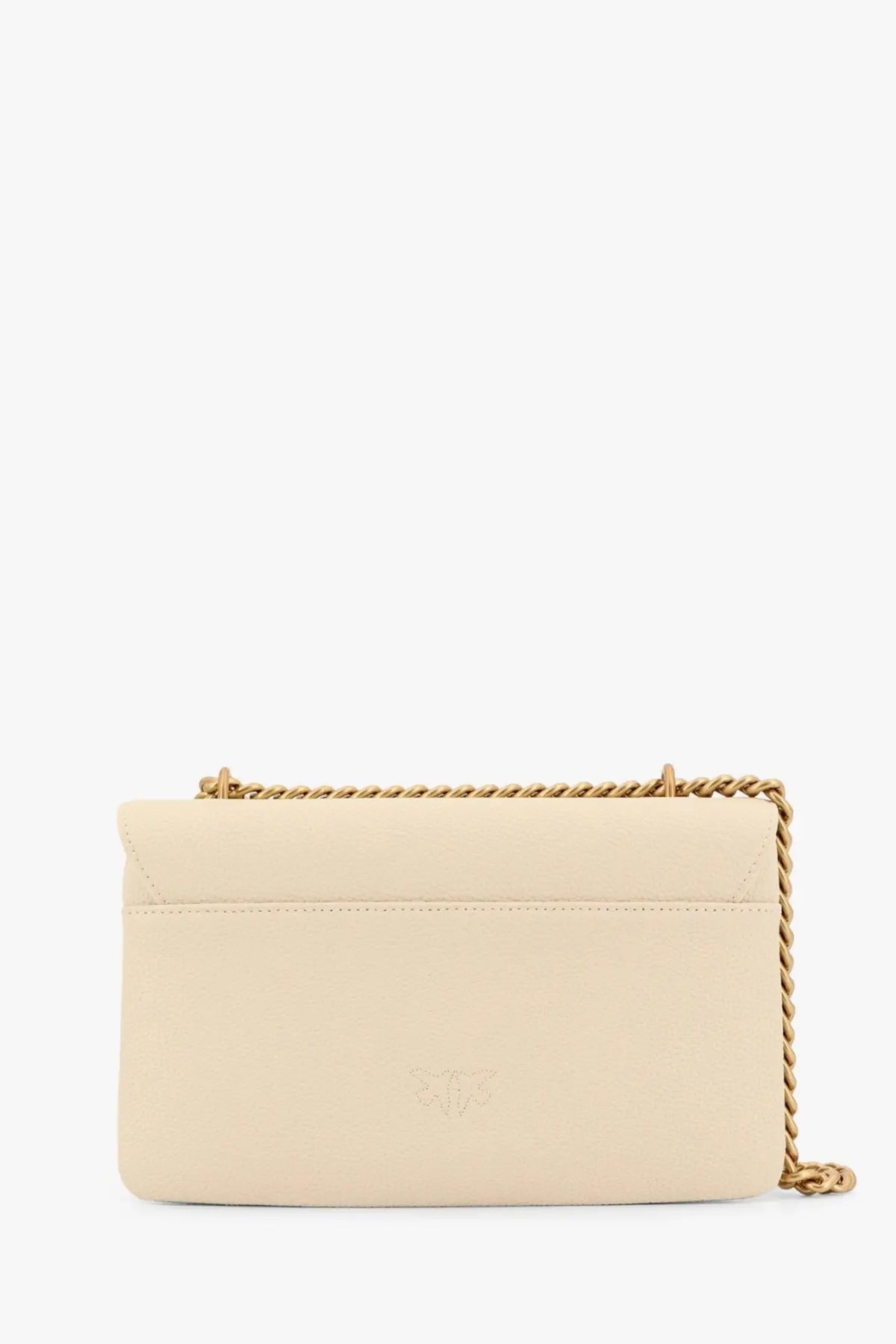 Pinko women’s cream leather crossbody bag with gold chain strap and subtle embossed logo in white tone