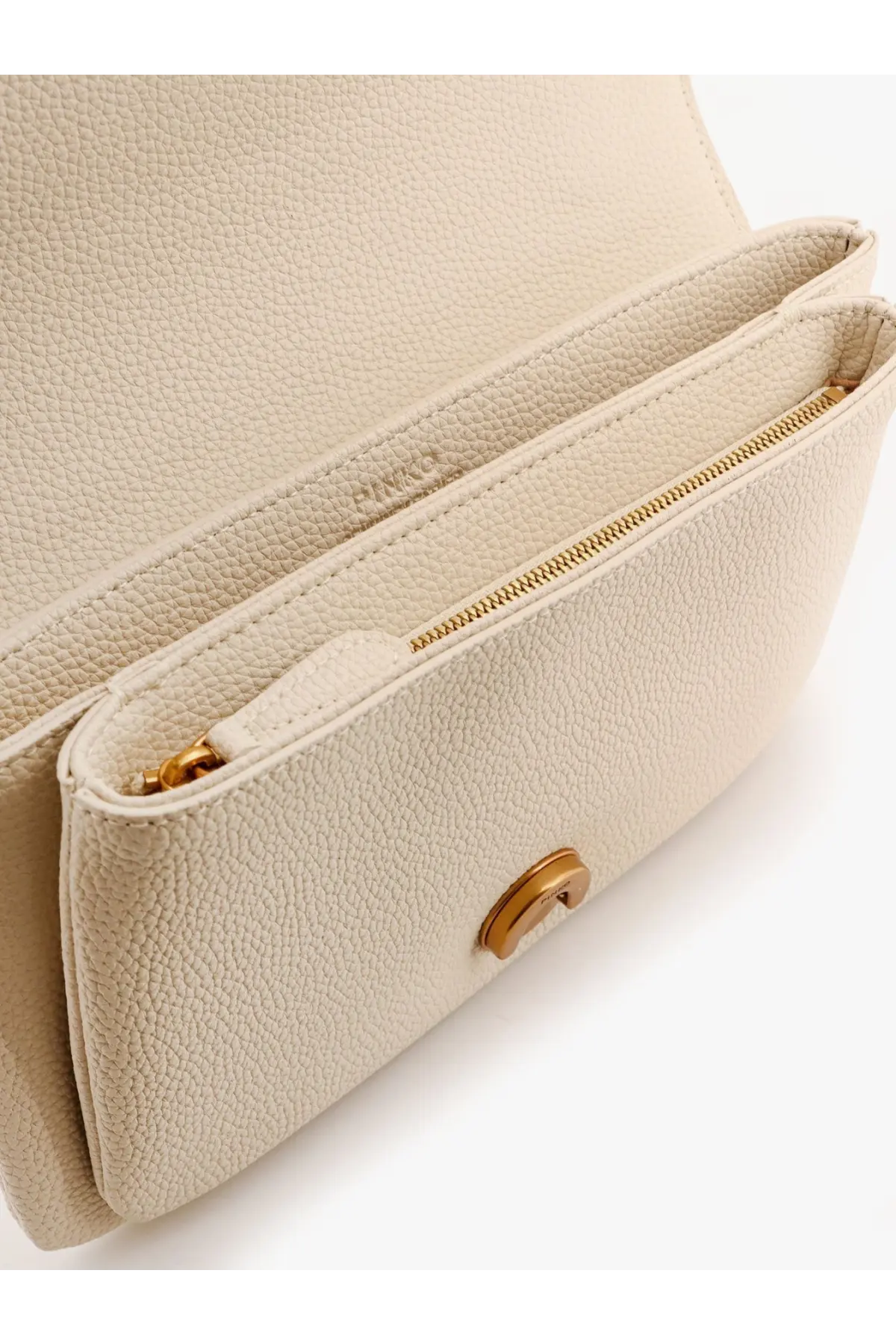 Pinko women’s leather shoulder bag in cream pebbled leather with gold-tone hardware and minimalist crossbody design