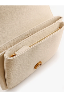 Pinko women’s leather shoulder bag in cream pebbled leather with gold-tone hardware and minimalist crossbody design