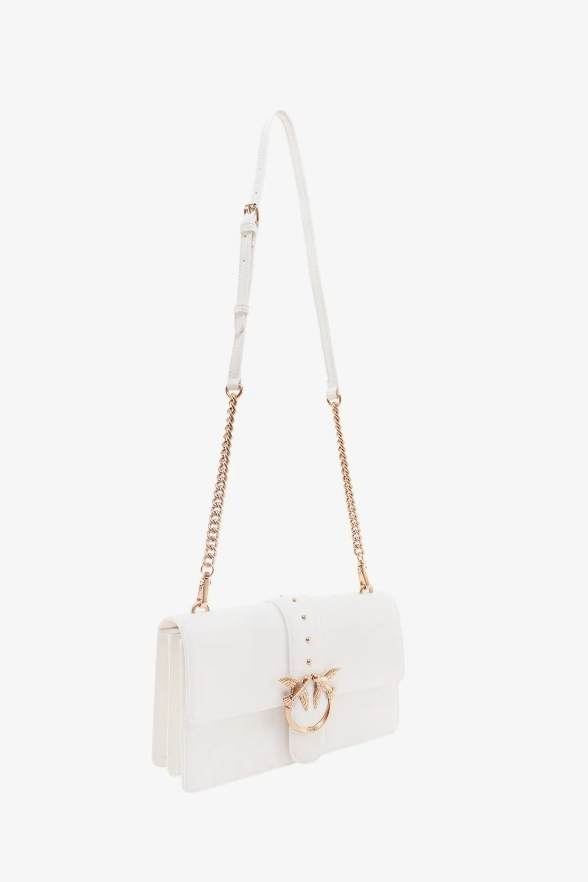 Pinko women’s white leather crossbody bag with gold-tone bird clasp and chain strap for shoulder wear
