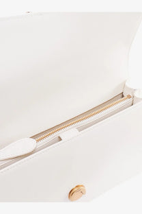 Pinko womens white leather crossbody bag with gold tone zipper and circular clasp for shoulder wear