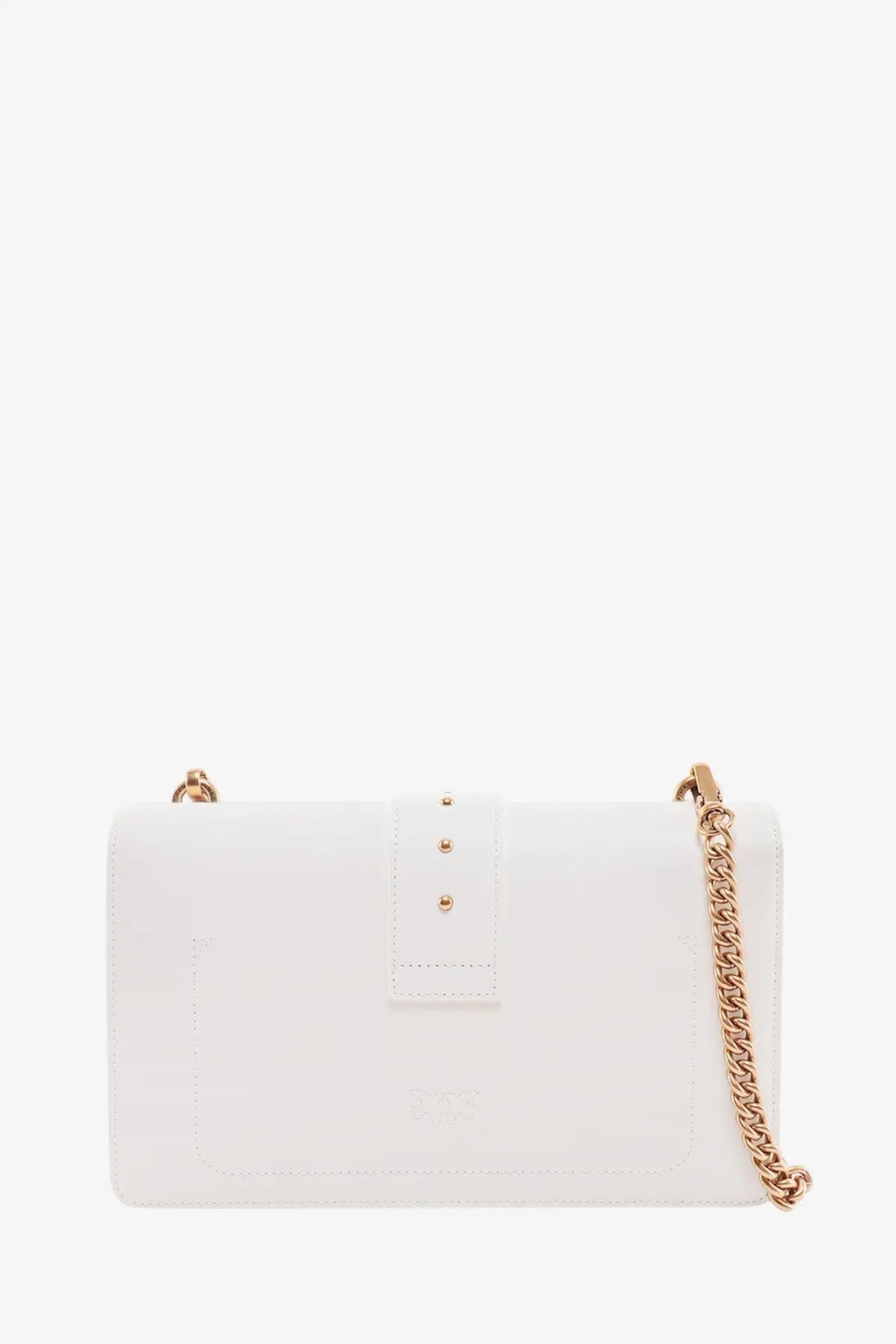 Pinko women’s white leather shoulder bag with gold-tone chain strap and three matching studs on the flap
