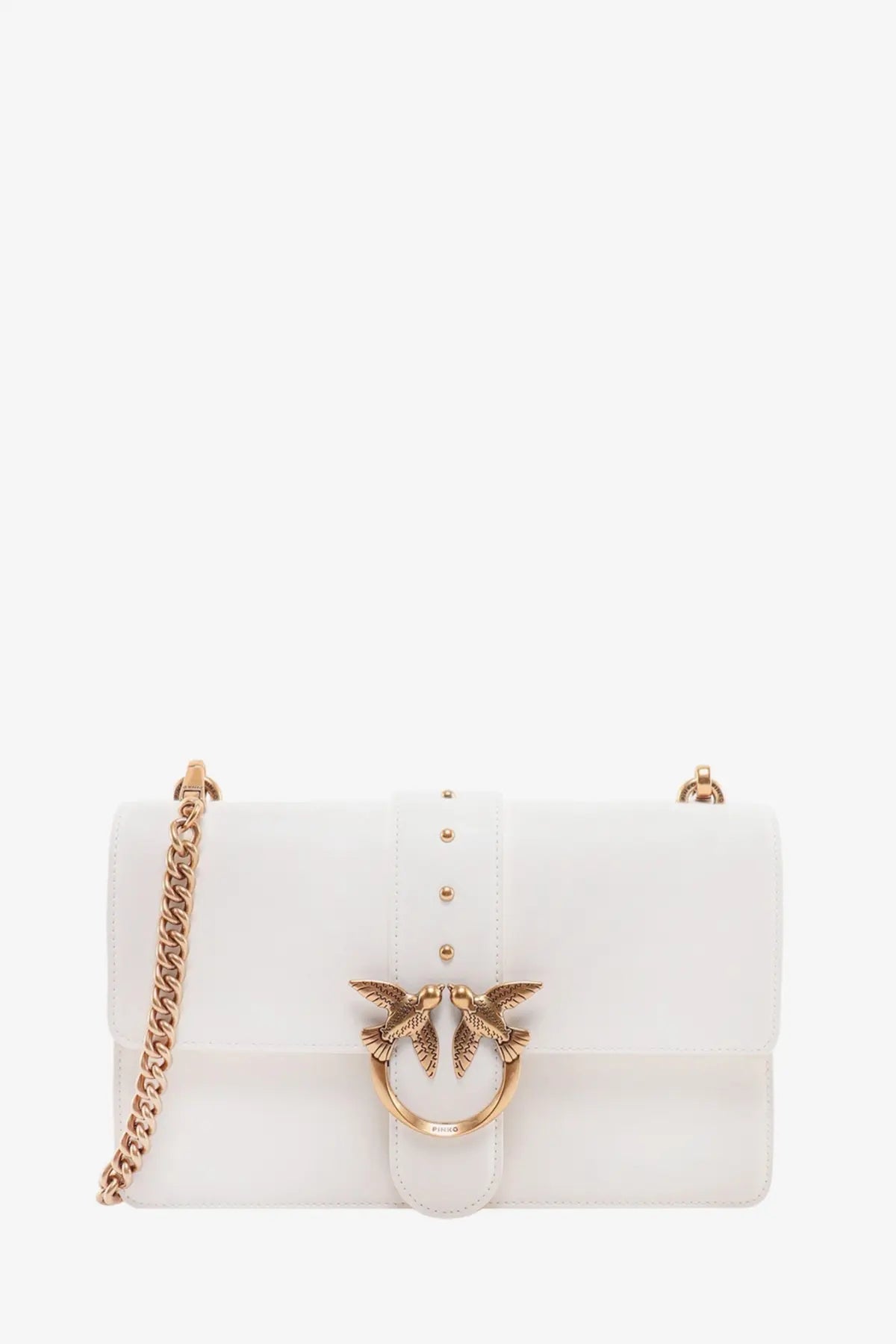 Pinko women’s white leather crossbody bag with gold-tone bird clasp and chain strap for shoulder wear