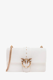 Pinko women’s white leather crossbody bag with gold-tone bird clasp and chain strap for shoulder wear