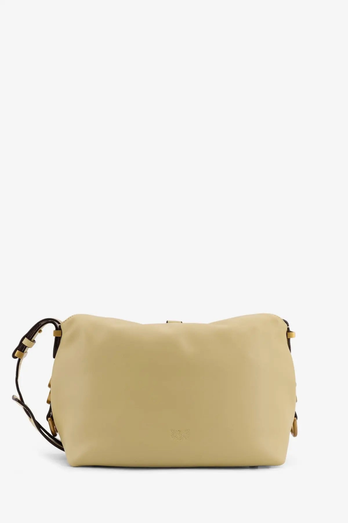 Beige leather crossbody bag with black strap and gold-tone hardware from Pinko women’s leather shoulder bag yellow collection