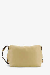 Beige leather crossbody bag with black strap and gold-tone hardware from Pinko women’s leather shoulder bag yellow collection