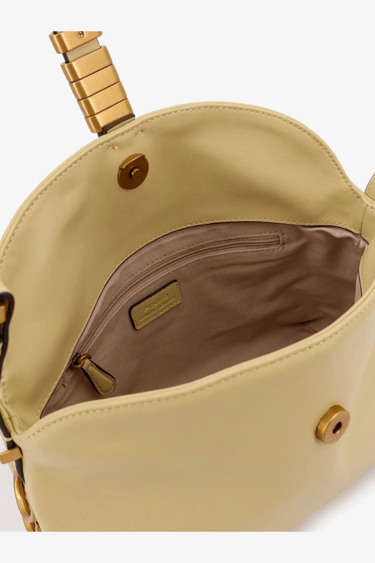 Pinko women’s leather shoulder bag yellow beige leather crossbody bag with gold-tone hardware and structured interior