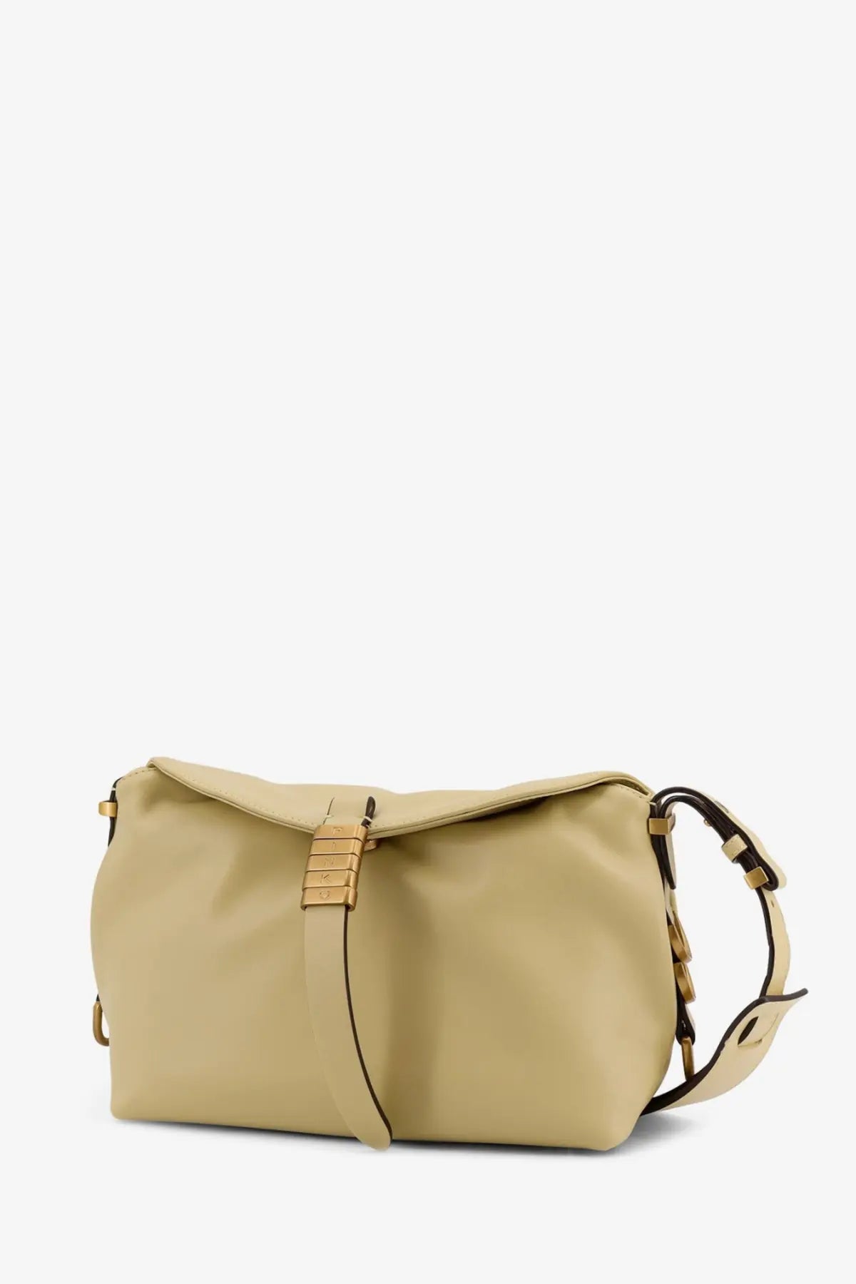 Pinko women’s leather shoulder bag beige leather crossbody with gold-tone hardware and minimalist structured design