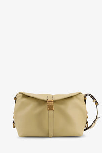 Beige leather crossbody bag with gold-tone metal clasp and adjustable strap from pinko women’s leather shoulder bag yellow collection