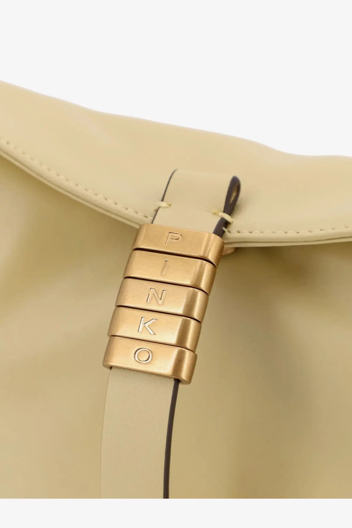 Beige leather pinko women’s shoulder bag with gold metal clasp engraved with pinko logo in yellow color
