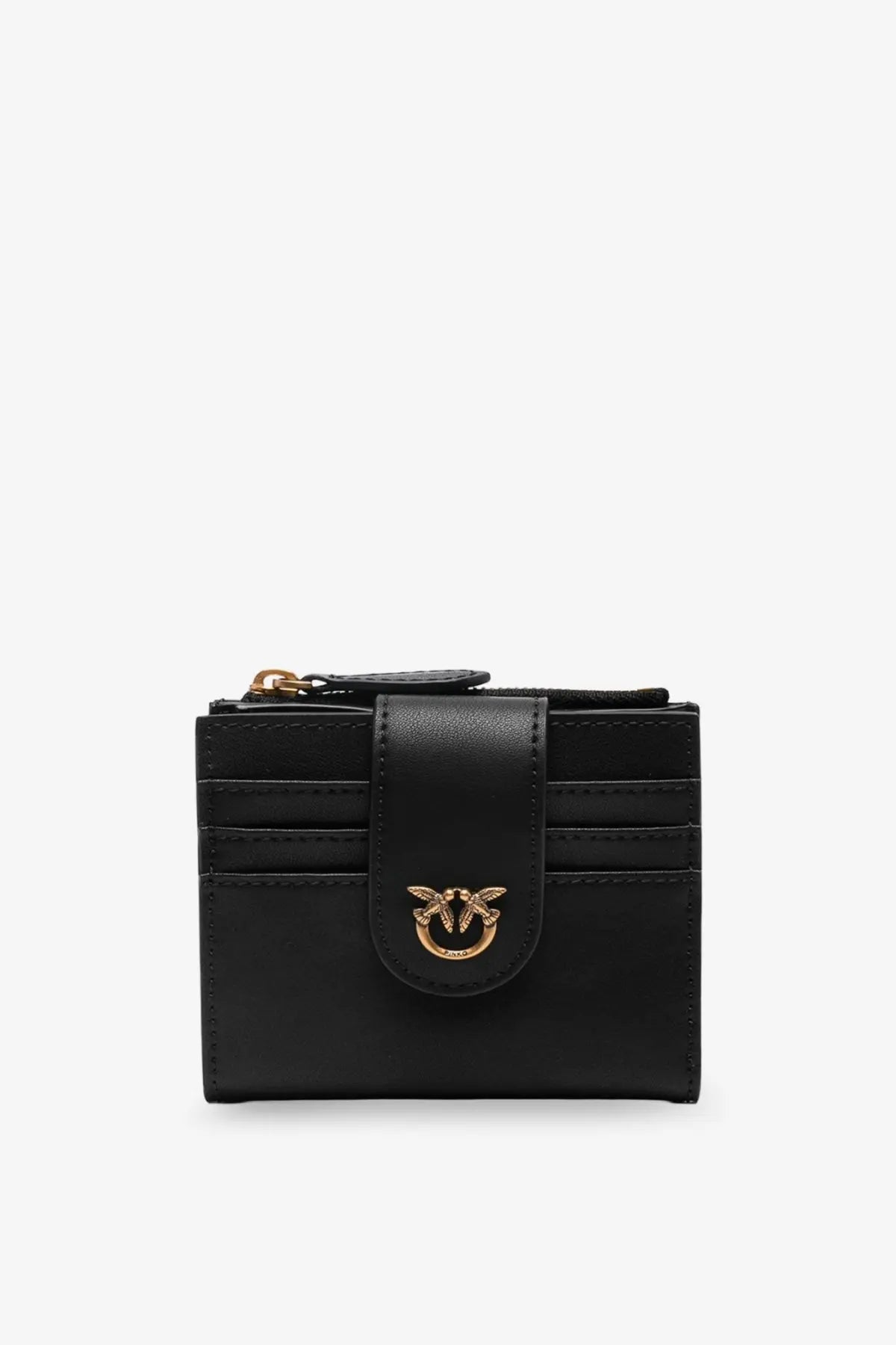 Pinko women’s black leather wallet with gold-tone bird clasp and zipper closure for secure storage