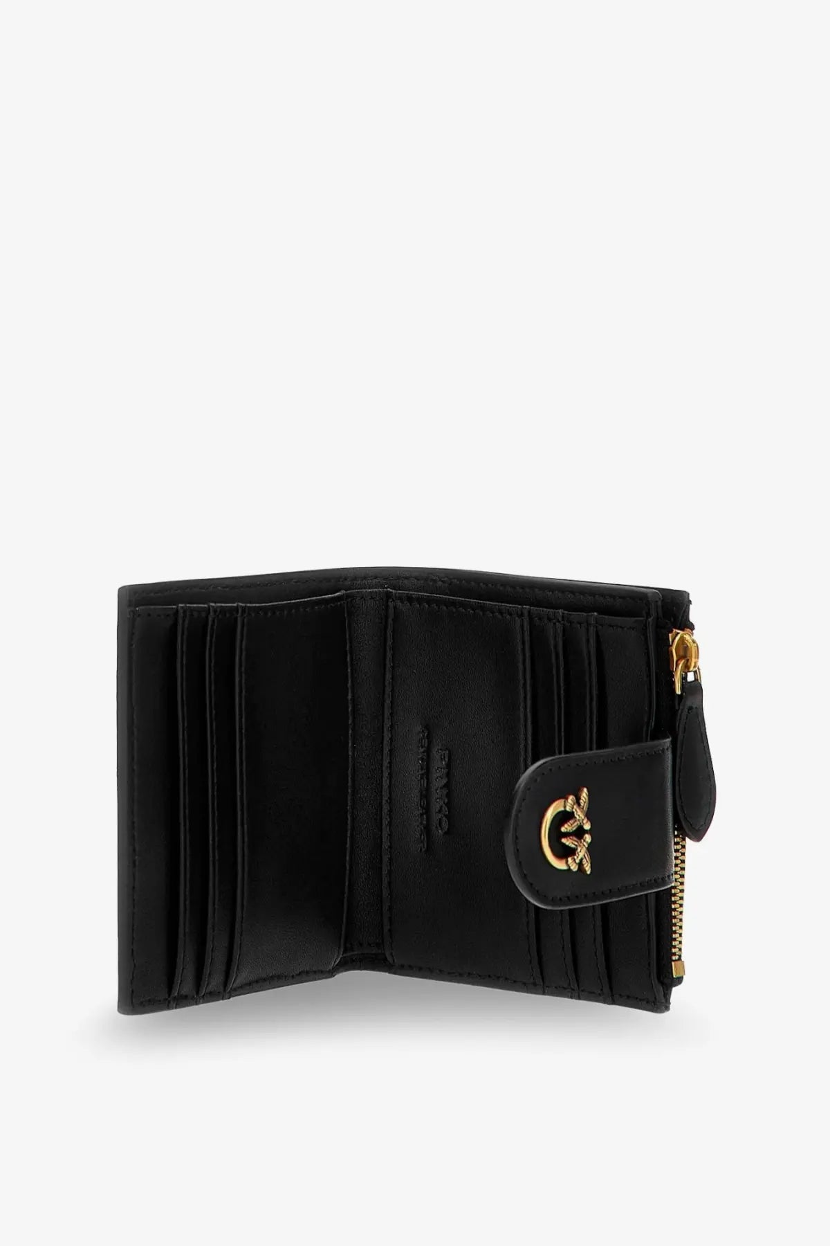 Black leather pinko women’s wallet with gold-tone logo clasp and zipper for secure storage