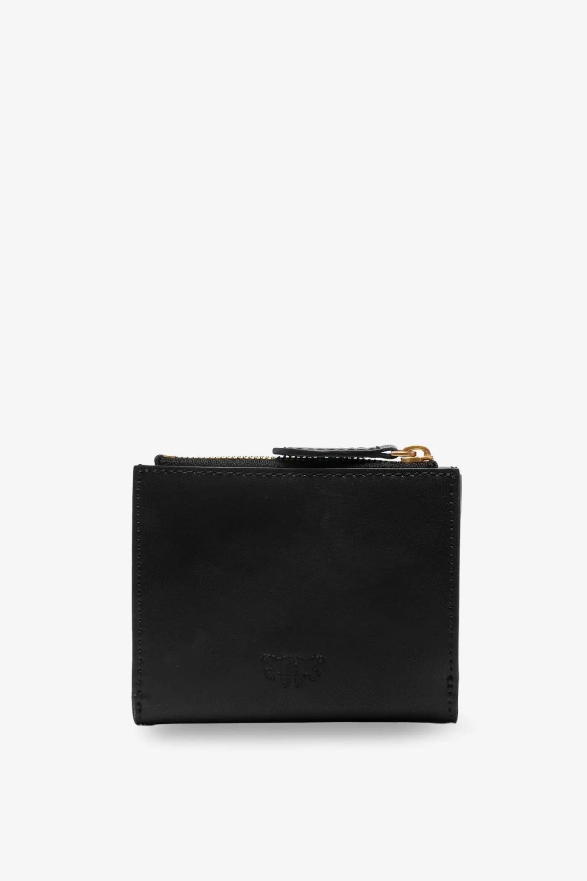Pinko women’s black leather wallet with gold tone zipper pull and subtle embossed logo on the front side
