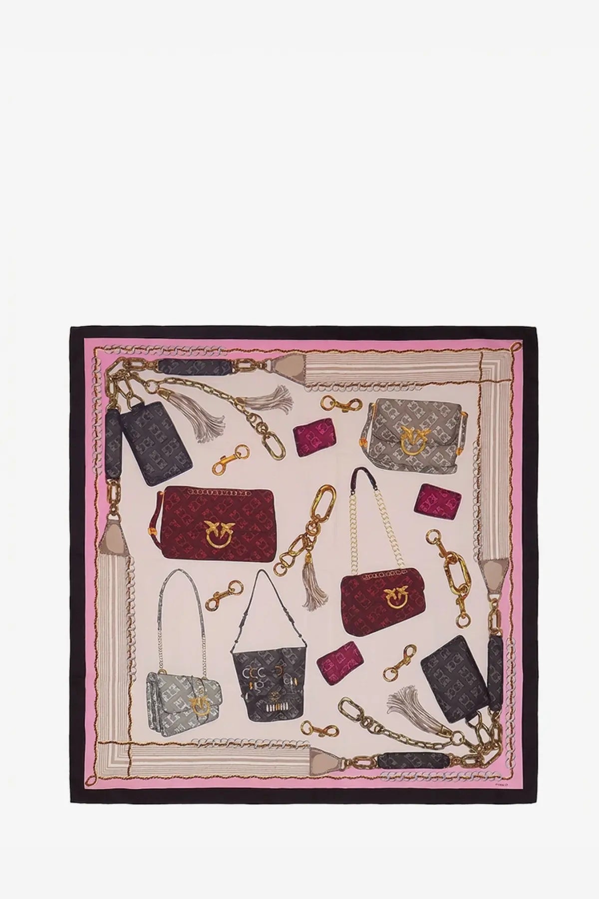 Pink silk scarf by pinko featuring printed handbags and accessories in red gray black and gold in silk viscose blend