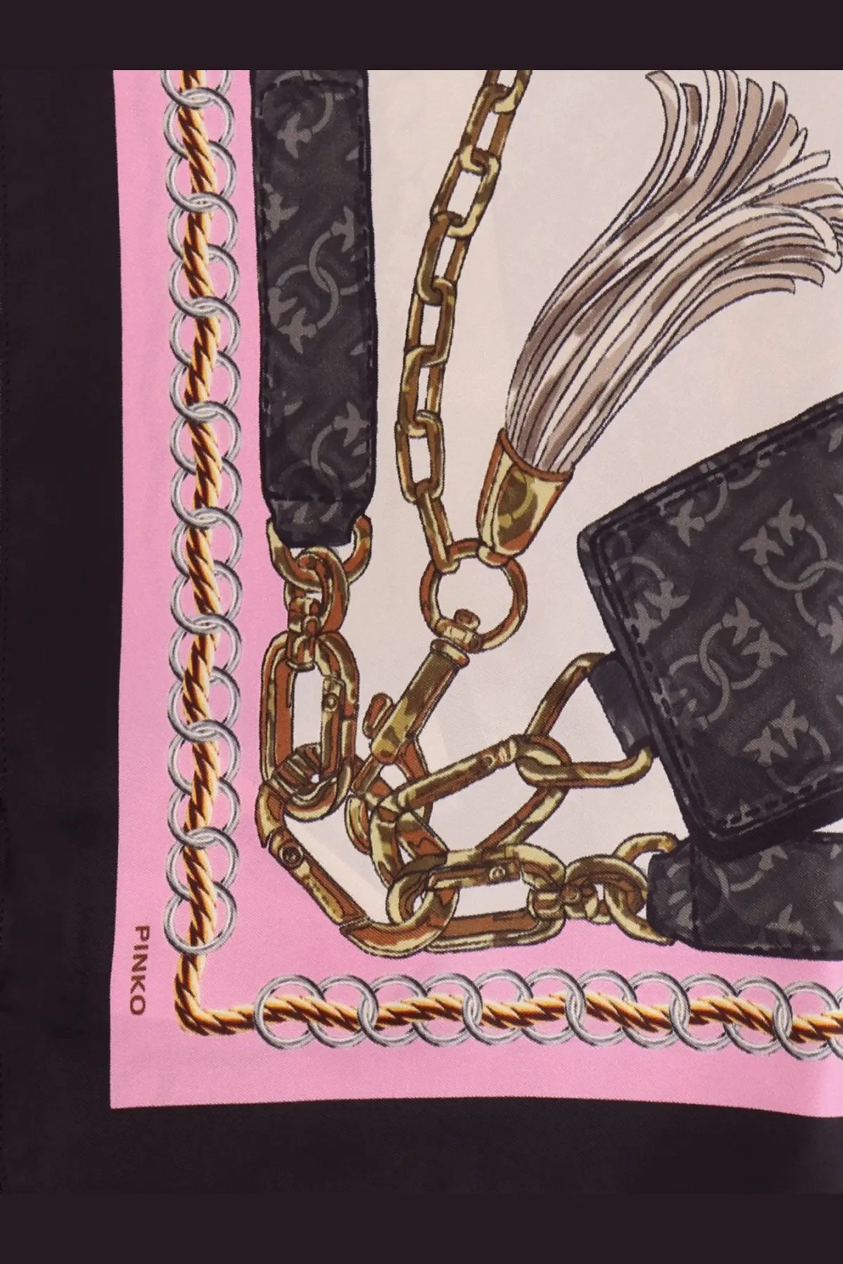 Pinko women’s limbo pink silk and viscose blend scarf with gold silver chain graphic black leather straps and tassel detail