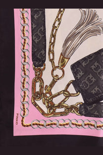 Pinko women’s limbo pink silk and viscose blend scarf with gold silver chain graphic black leather straps and tassel detail