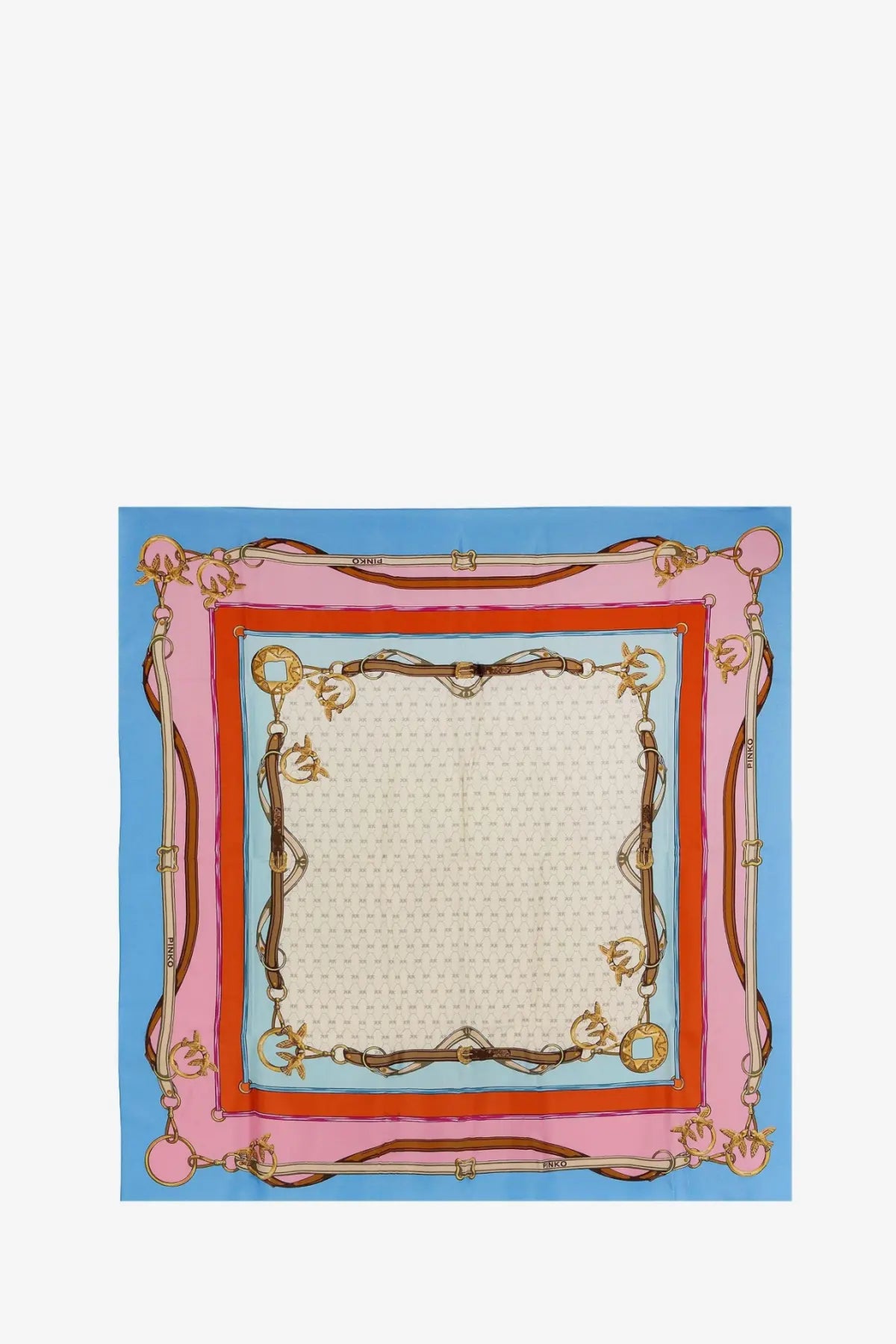 Pinko women’s Limbo silk and viscose blend foulard with vibrant pink and blue colors and gold horsebit chain design