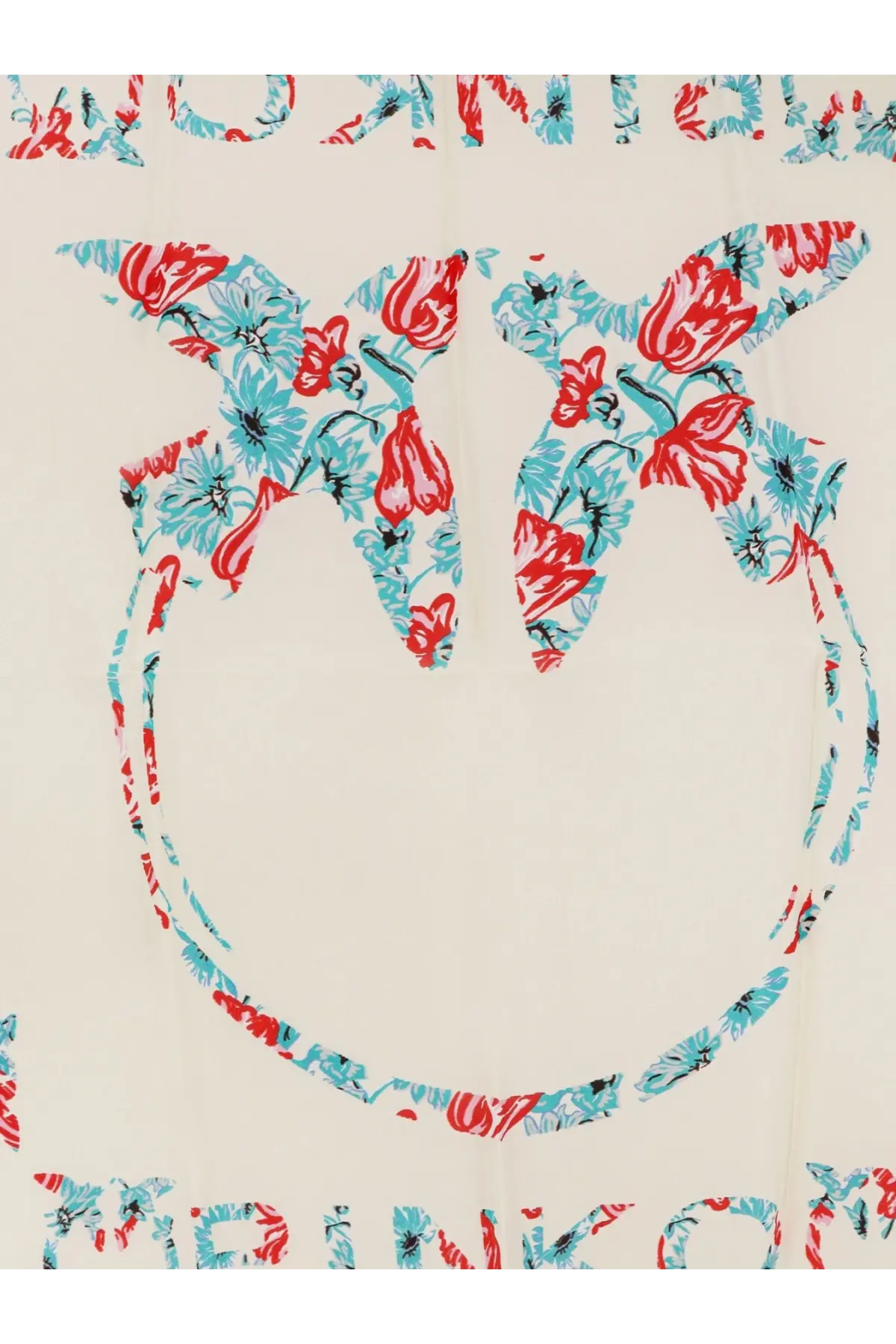 Pinko women’s Limbo cream silk and viscose scarf with bold stylized owl and red and teal floral patterns