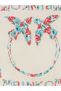 Pinko women’s Limbo cream silk and viscose scarf with bold stylized owl and red and teal floral patterns