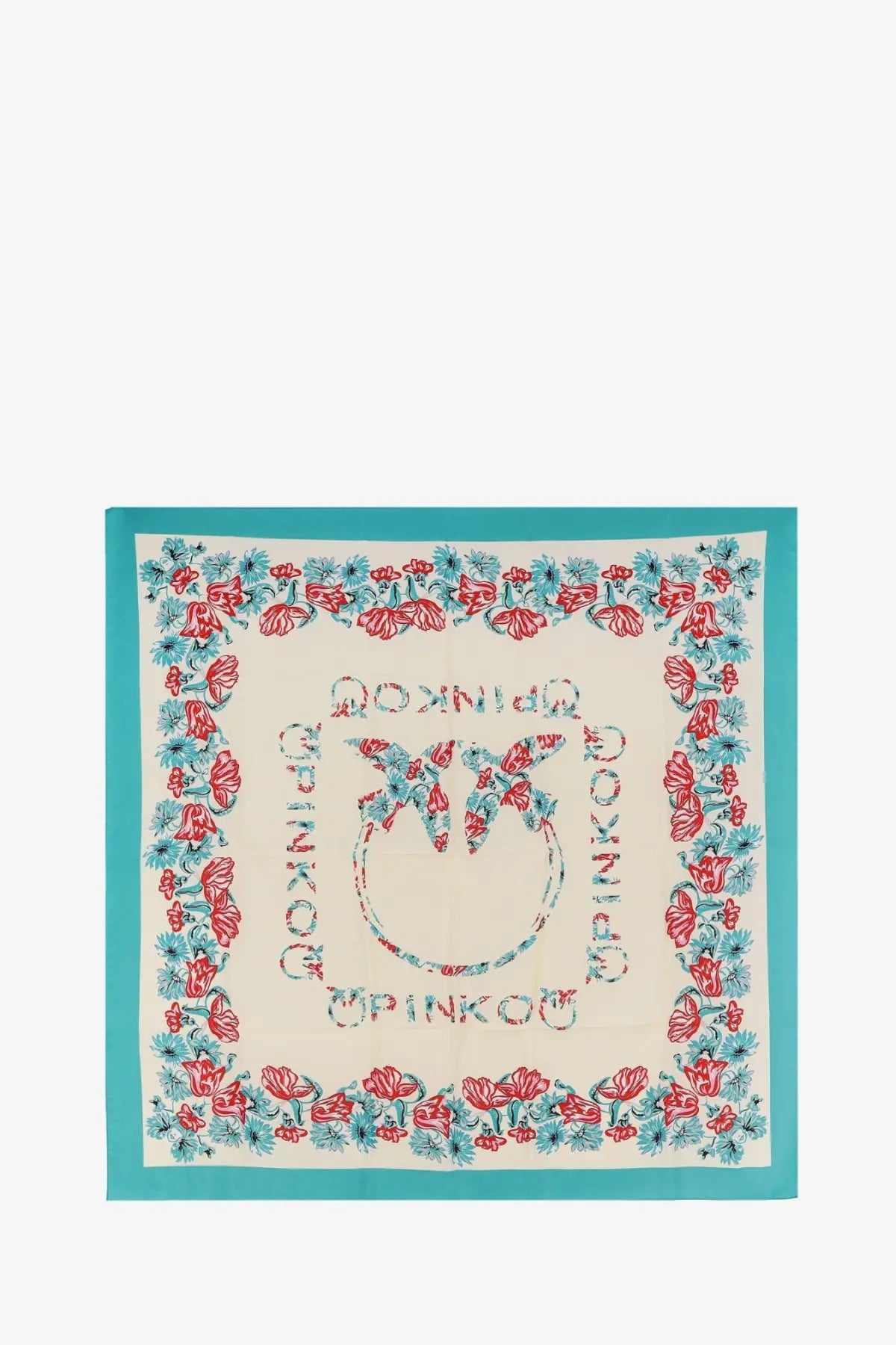 Cream-colored pinko women’s limbo silk and viscose blend square scarf with red and teal floral border and logo