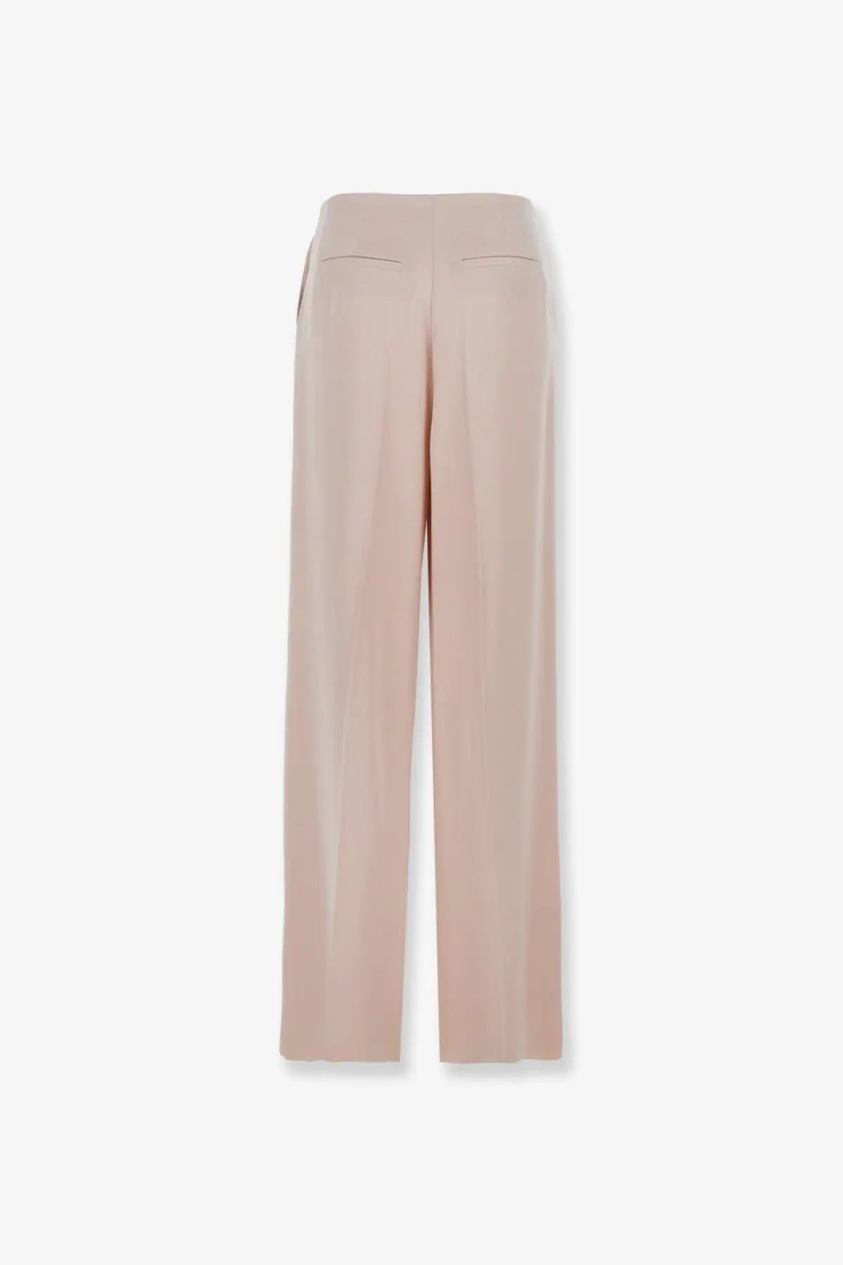 Pinko women’s limoncello satin trousers pink in soft blush with straight leg tailored fabric and subtle back pockets shown from back