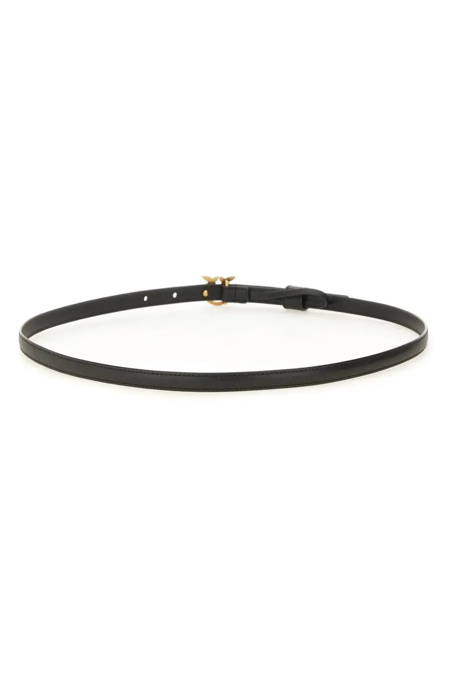 Pinko women’s love berry black leather belt with gold-tone bee buckle and simple black tab closure