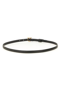Pinko women’s love berry black leather belt with gold-tone bee buckle and simple black tab closure