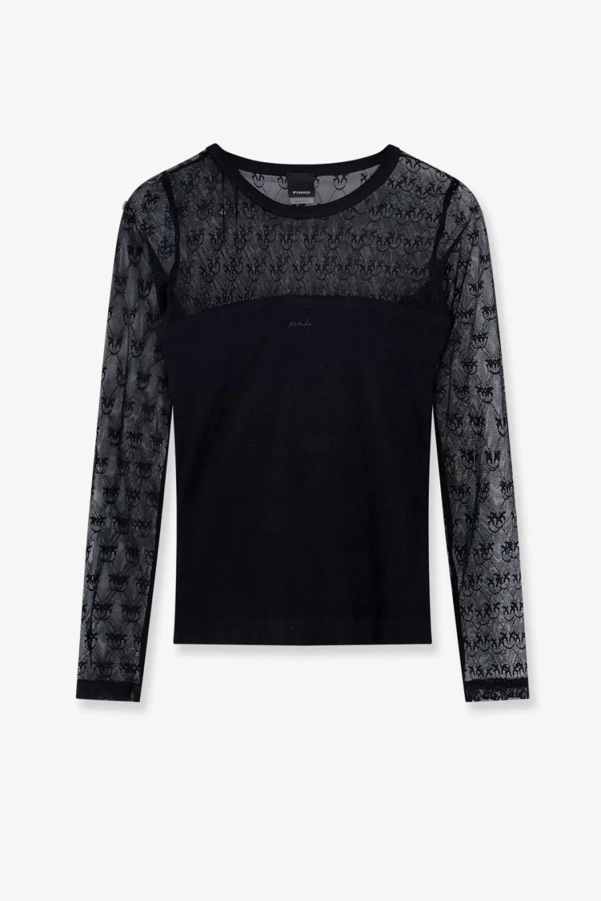 Pinko women’s love birds lace jersey sweater black with sheer lace panels featuring small stylized faces