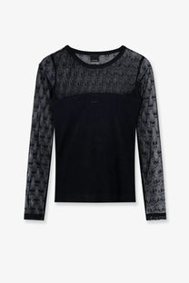 Pinko women’s love birds lace jersey sweater black with sheer lace panels featuring small stylized faces