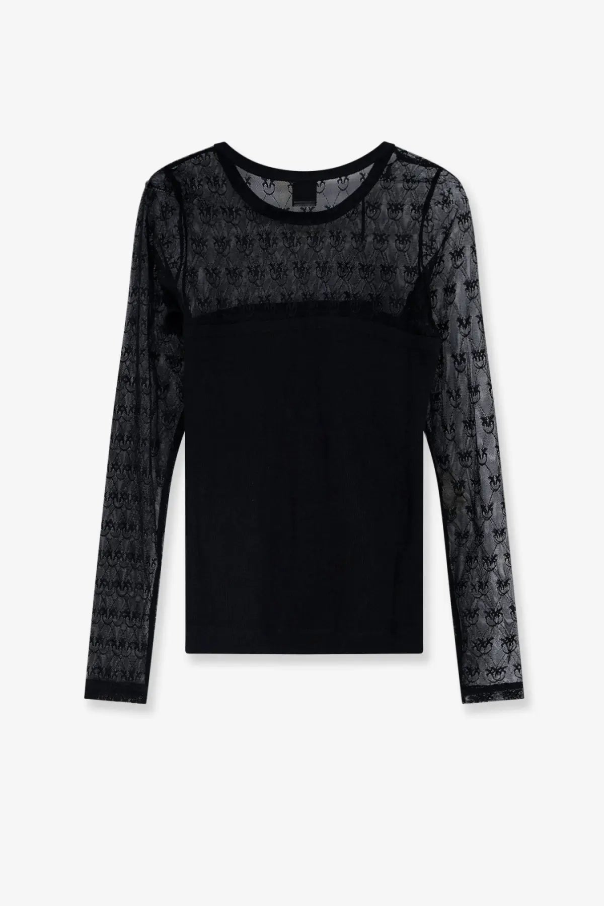 Pinko women’s love birds lace jersey sweater black with sheer lace panels and long sleeves in a repeating pattern