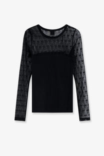 Pinko women’s love birds lace jersey sweater black with sheer lace panels and long sleeves in a repeating pattern