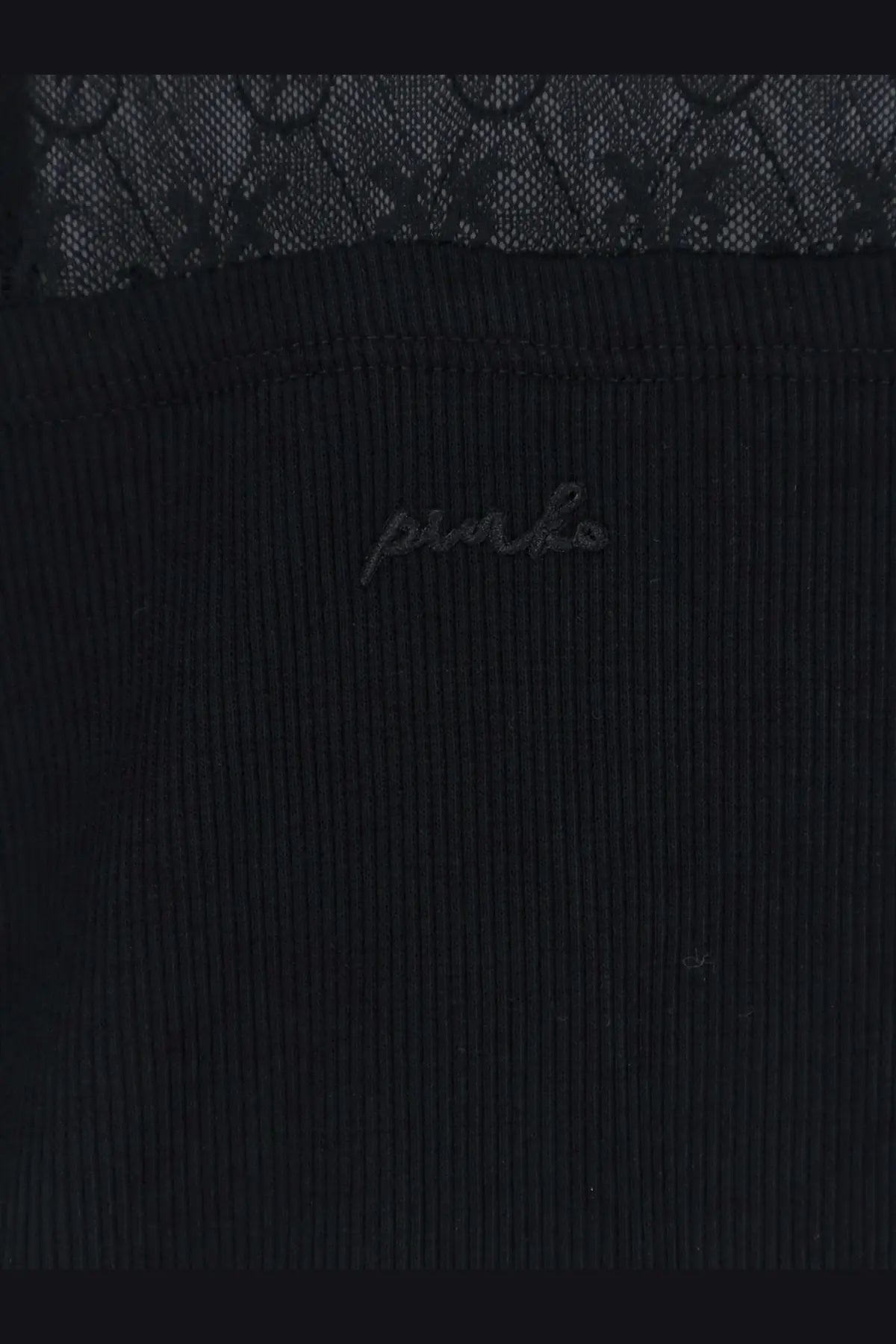 Pinko women’s love birds lace jersey sweater black ribbed knit top with delicate black lace trim at the neckline