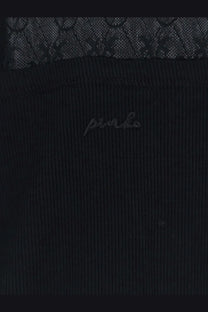 Pinko women’s love birds lace jersey sweater black ribbed knit top with delicate black lace trim at the neckline