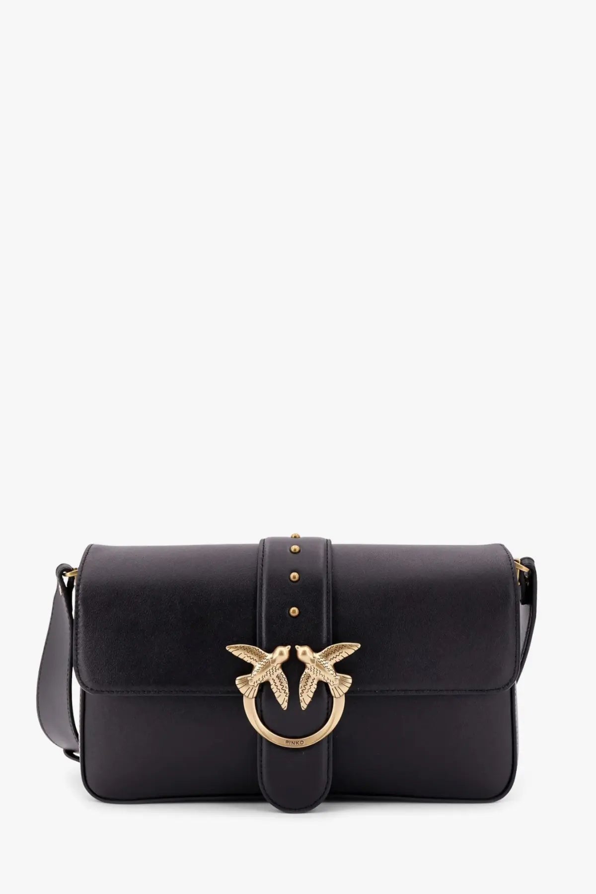 Pinko women’s love one classic black leather crossbody bag with gold-tone bird clasp and stud detailing