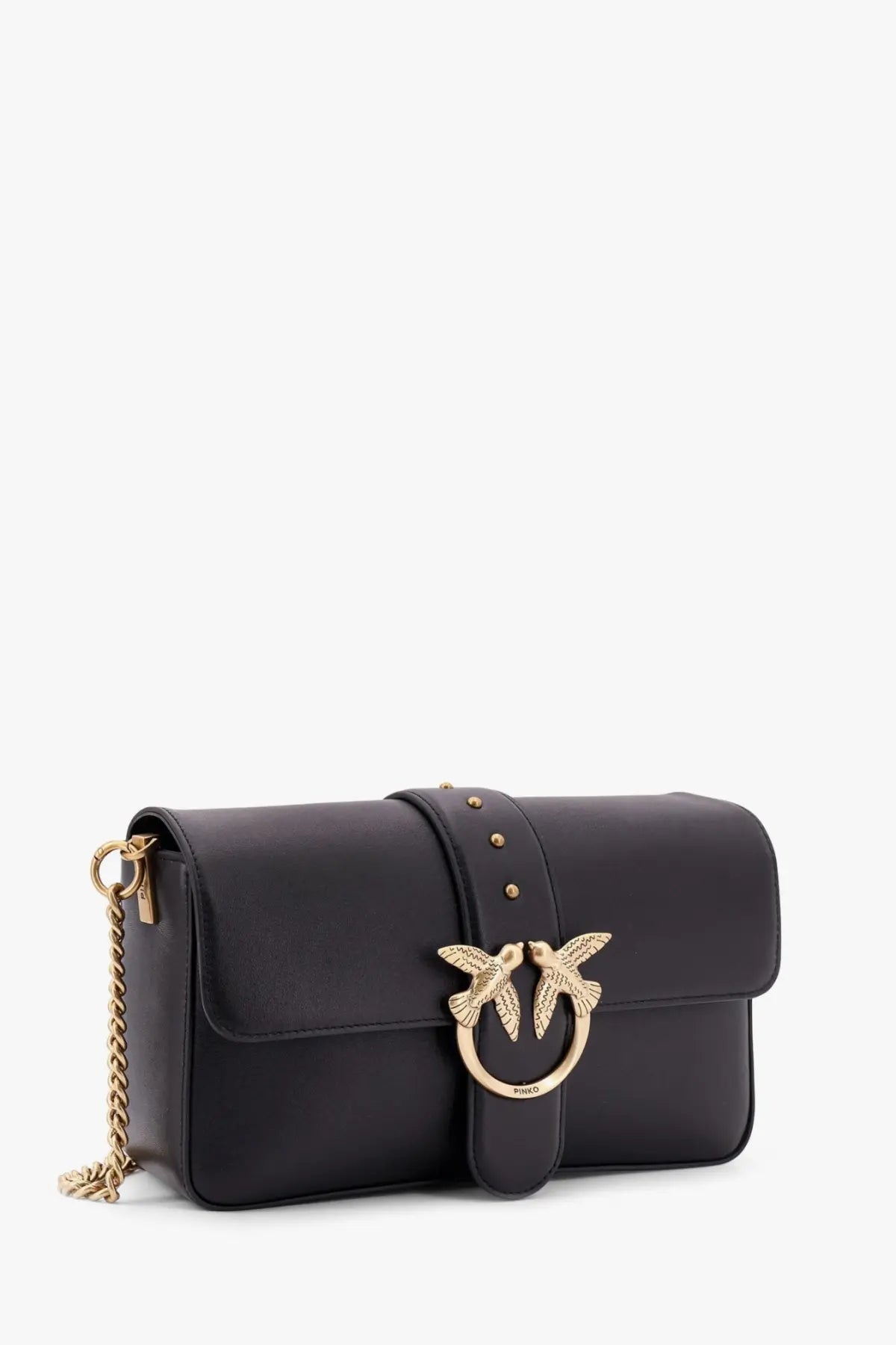 Pinko women’s love one classic black leather crossbody bag with gold-tone bird clasp and chain strap