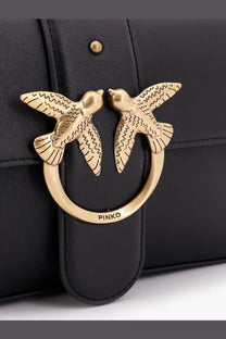 Black leather handbag by Pinko featuring a gold-tone clasp with two detailed birds in flight shoulder bag